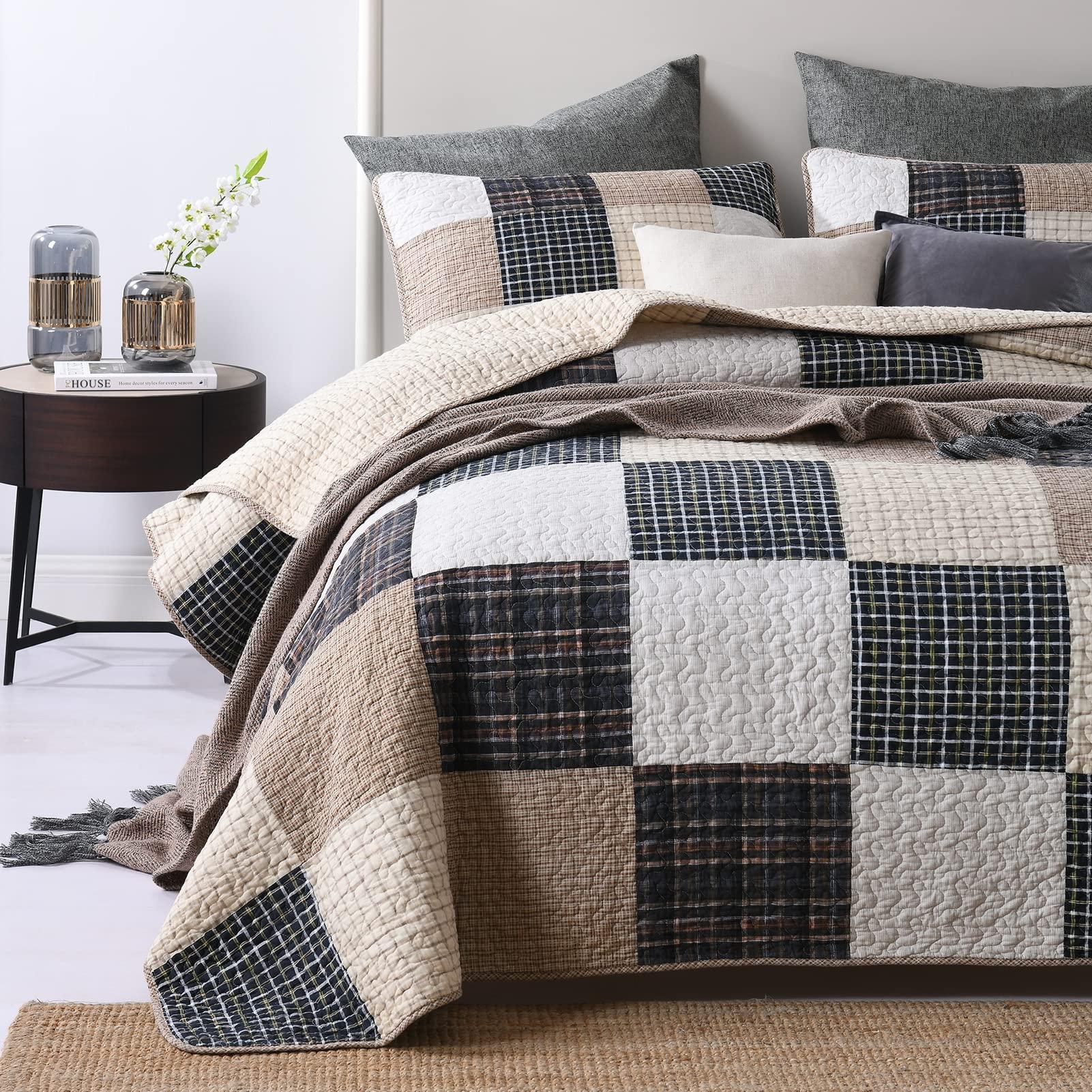 Y-PLWOMEN Y-PLWOMEN Quilts Queen Size, 100% Cotton Queen Quilt Set, Brown Khaki Black White Patchwork Plaid Queen Size Bedspread, Lightweight Reversible Soft Summer Quilt Bedding Set, 3-Pieces