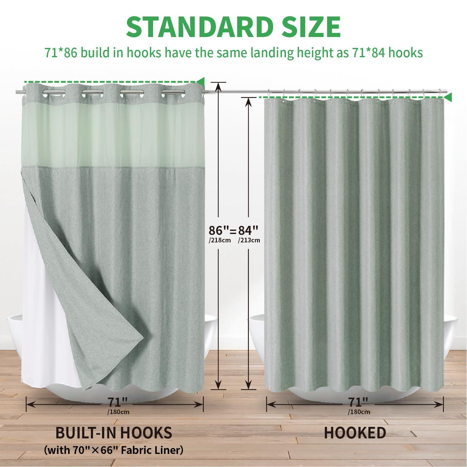 eachope eachope Extra Long No Hooks Needed Linen Textured Shower Curtain with Snap-in Fabric Liner Set,Sage Green Hotel Luxury Decor Shower Curtains for Bathroom,Waterproof & Washable,71Wx86H