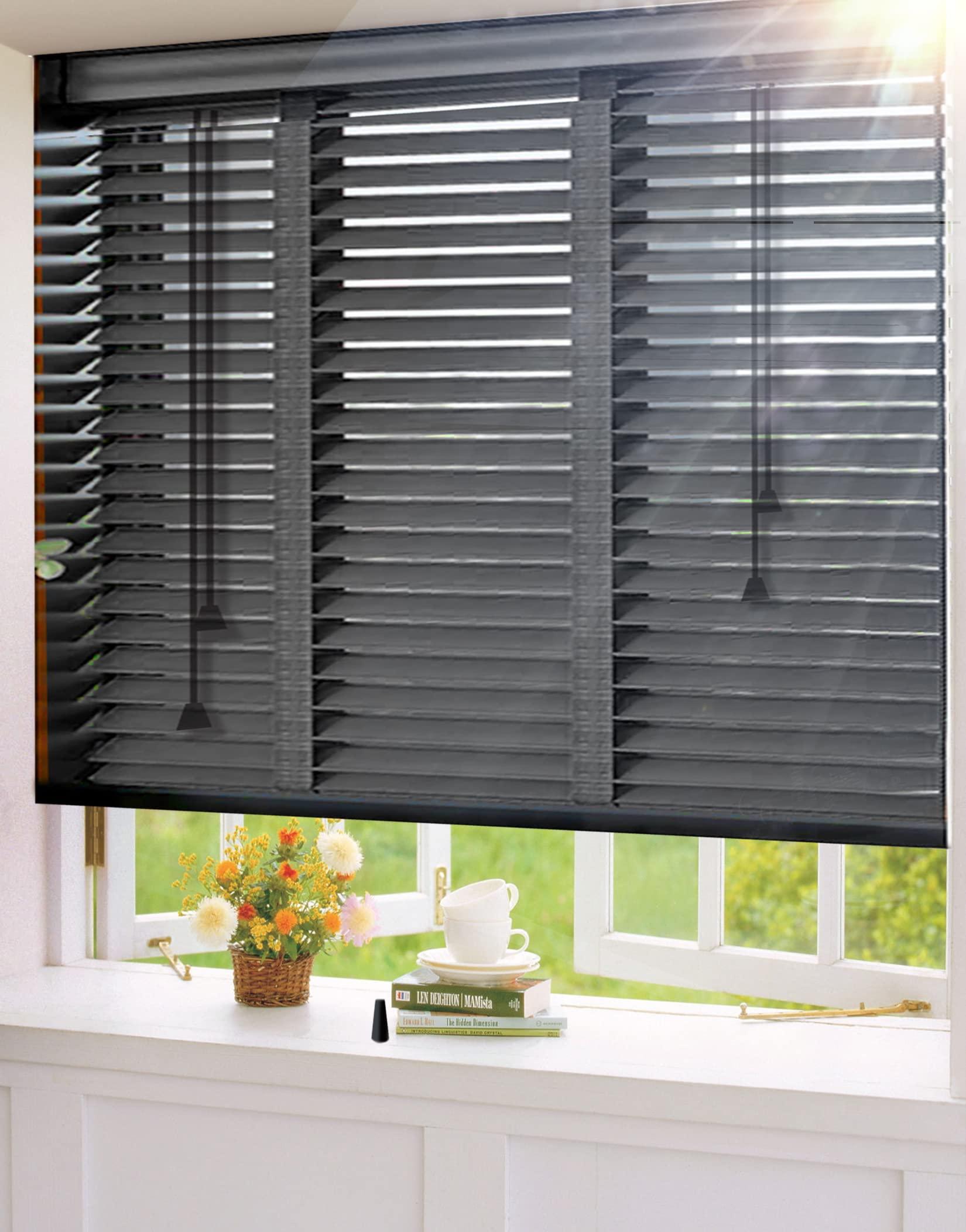 Fiunkes Wooden Window Privacy Shades - Black Venetian Blinds for Windows and Doors, Blackout Plantation Blinds With Noise Reduction and Adjustable Slats for Interior, 27'' W x 60'' H