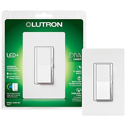 Lutron Lutron Diva LED+ Dimmer for Dimmable LED, Halogen and Incandescent Bulbs with Wallplate | Single-Pole or 3-Way | DVWCL-153PH-WH | White