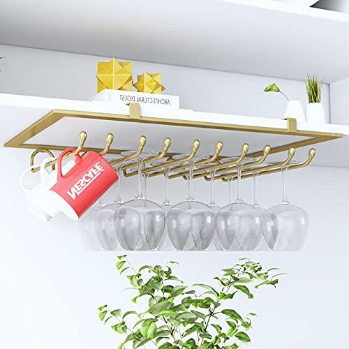 Wine Glass Rack Stemware Rack Under Cabinet,Hanging Wine Glass Rack Metal Organizer,for Home Cabinet Kitchen Bar,Punch-free installation(3/4/5/6 Rows)