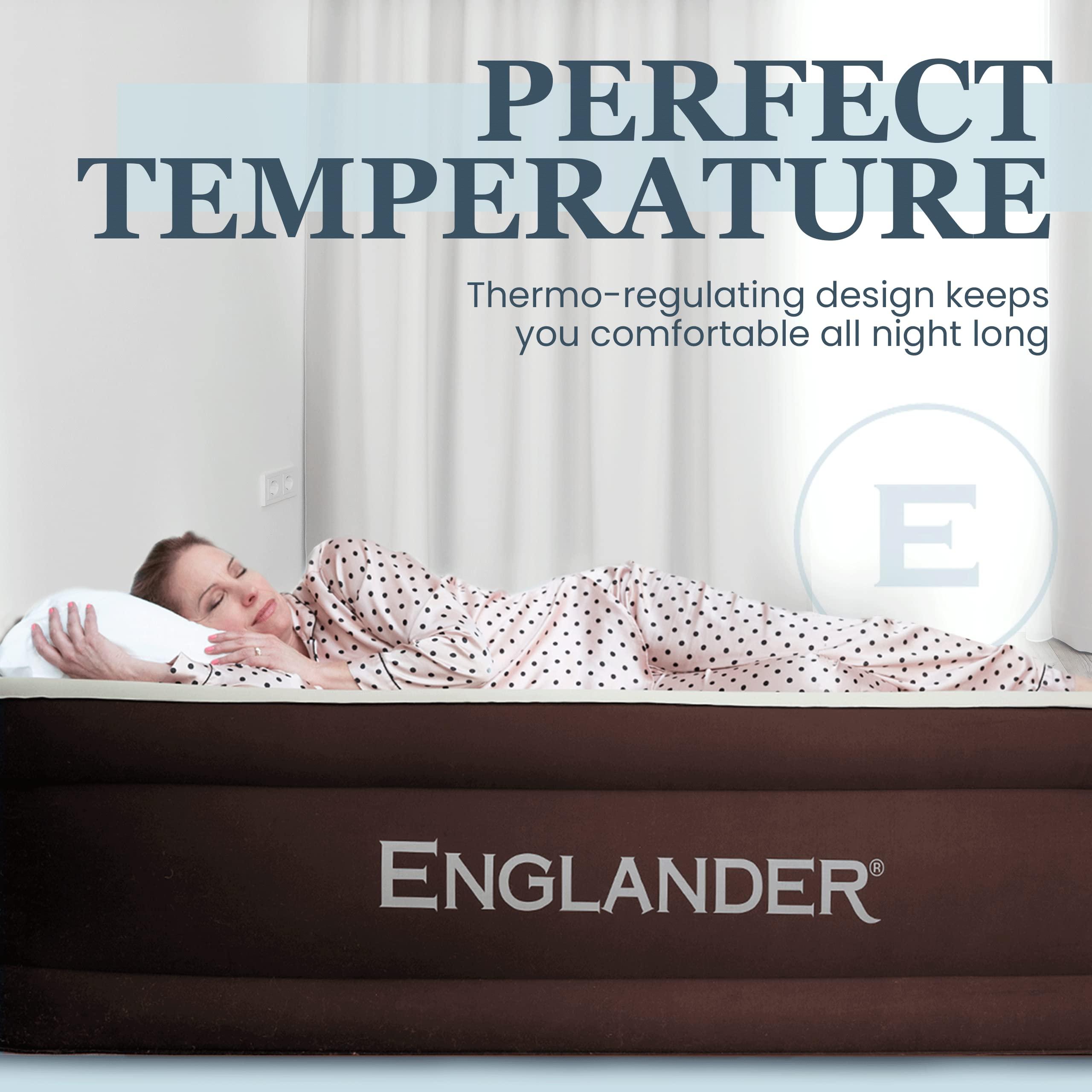 Englander Englander Queen Air Mattress with Built in Pump Raised - Double High, 600 LB Weight Capacity - Luxury Size Camping Mattress - Blow Up Floor Bed for Home - Microfiber, Waterproof Airbed with Patch Kit