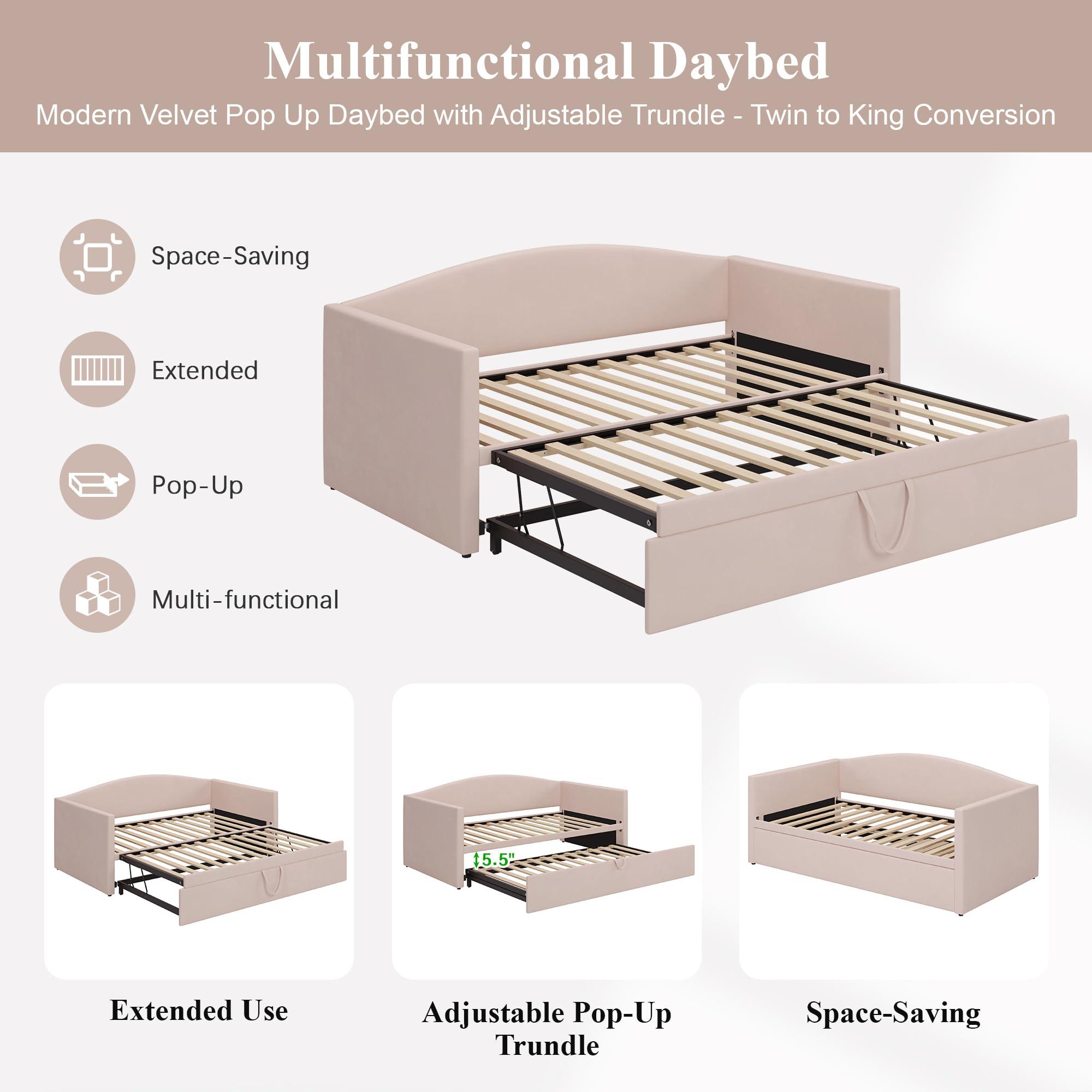 Merax Merax Twin Size Velvet Daybed with Extended Pop Up Trundle, Upholstered Sofa Bed Daybed, Space-Saving Twin to King Design for Guest Room, Pink