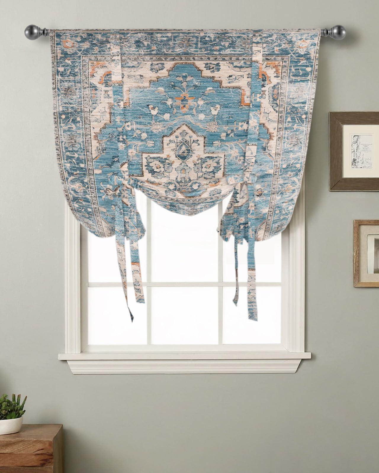 RisQiten RisQiten Blue Boho Balloon Curtains for Bedroom/Front Door/Bathroom, Middle Century Abstract Art Western Geometric Tie Up Curtains 63 Inch Length Kitchen Curtains Shades for Windows 46\"x63\"