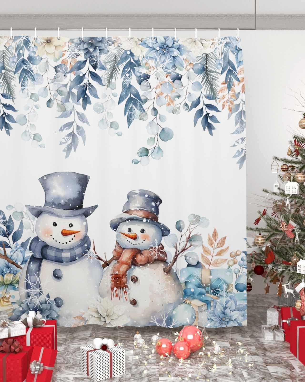 Amaze-Home Christmas Shower Curtains for Bathroom, Snowman Shower Curtain Set with Hooks Eucalyptus Leaves Waterproof Fabric Bathroom Curtains for Showers Bathtubs Winter Holiday Bath Decoration 36x78 inch
