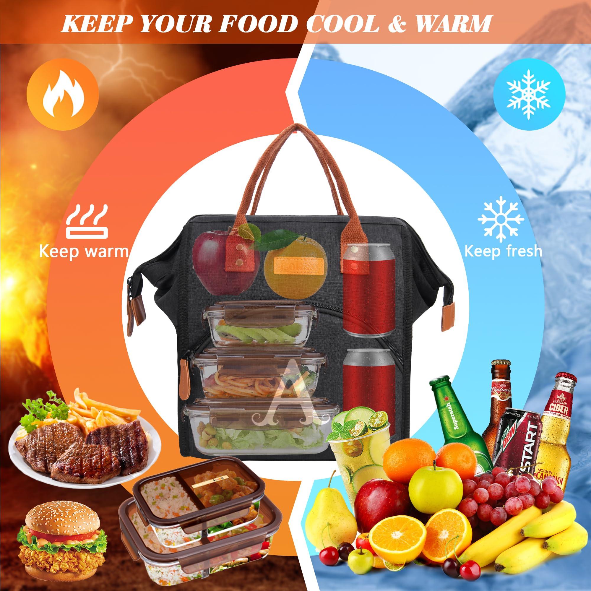 RIFESI Personalized Lunch Box for Women, Initial Reusable Insulated Lunch Bag, Wide-Open Adult Lunchbox Cooler Lunchbag Snack Organizer, Initial Leakproof Lunch Tote Bag for Picnic Work Outdoors Black - J