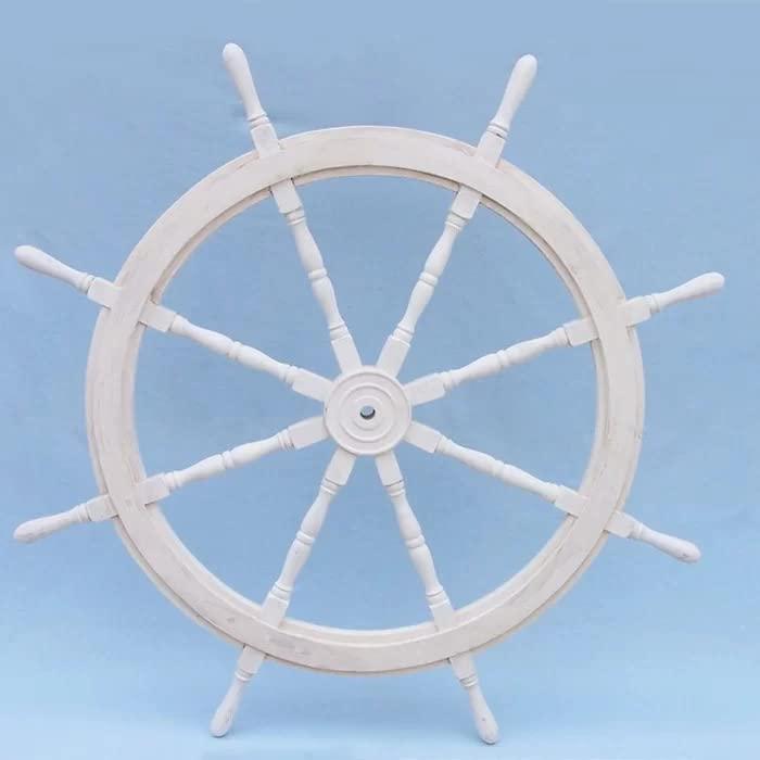 Home Dress Wooden Ship Wheel - Nautical Boat Steering Wheel, Handcrafted Solid Wood & Brass Center Hub - Vintage Pirate Ship Helm, Rustic Maritime Wall Decor for Home, Office (White 36 inch)