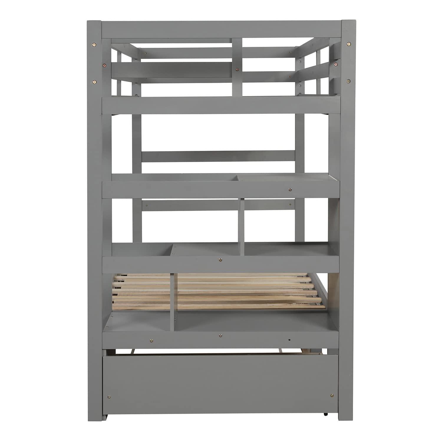 XD Designs Modern Twin Over Twin to King Extendable Bunk Bed with Trundle and Safe Storage Staircase, Solid Wood Bunk Bed Frame with Drawer and Full-Length Guardrail for Kids Teens Aldults (Grey)