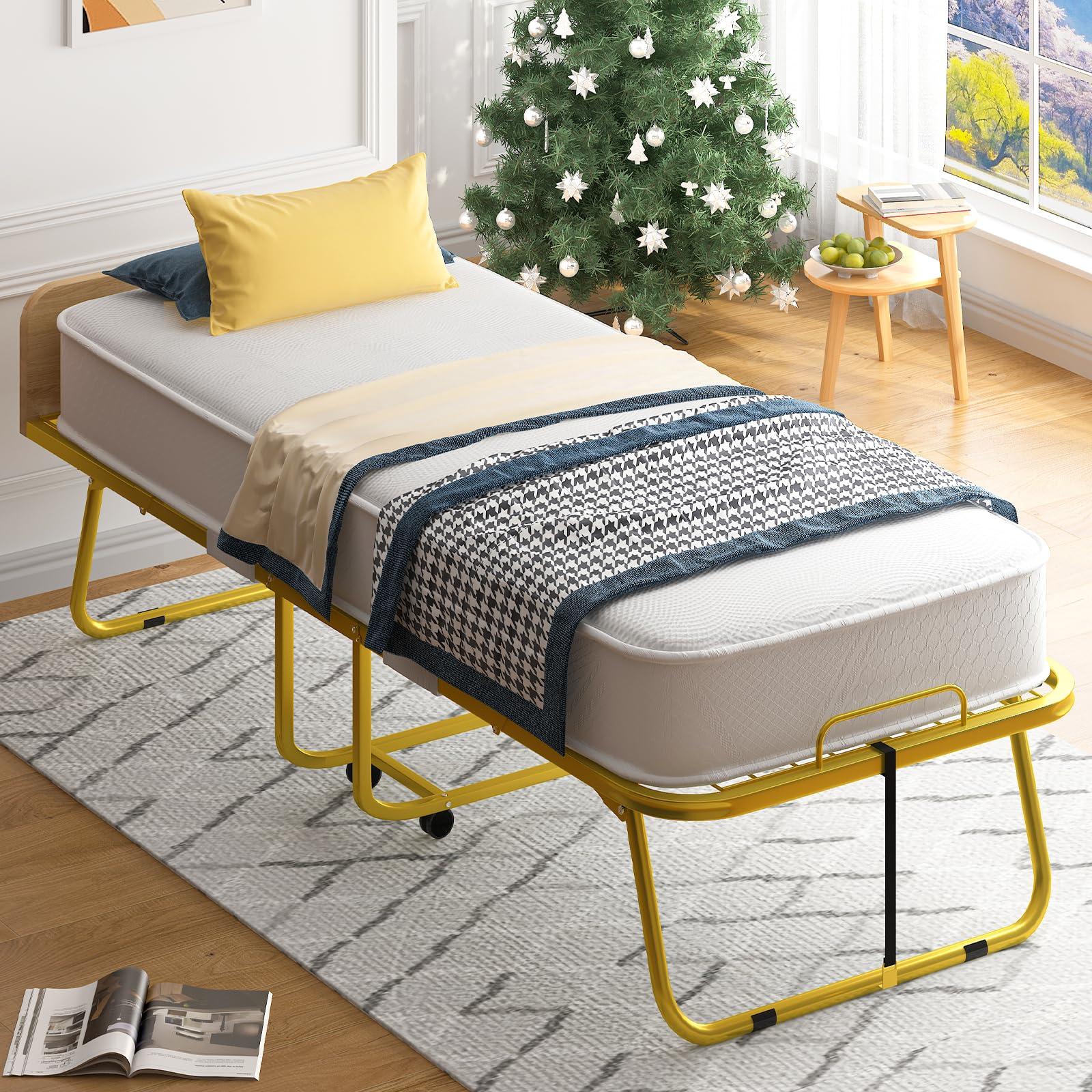 PUREMIND PUREMIND Folding Bed with 5 Mattress & Baffles, Twin Size 75x 45 Portable Bed Rollaway Beds for Adults, Fold up Bed with Metal Frame Space-Saving Guest Bed for Living Room/Apartment/Office