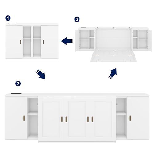 Ball & Cast Ball & Cast Full Size Murphy Bed Chest,Cabinet Hideaway Platform Bedframe with Shelves and USB Ports,Wood Furniture can be Folded,Easy Assembly,Platform Bedframe for Kids Bedroom,Student Dorms,White