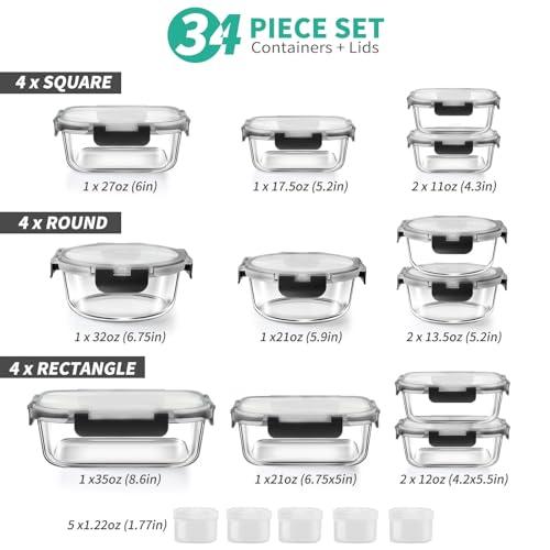 AMALEKO 34pcs Glass Food Storage Containers with Lids Set, Airtight Glass Meal Prep Containers (17 Containers & 17 Lids), Leak Proof Lunch Containers BPA-Free, Microwave, Oven, Freezer, Dishwasher Safe-Black