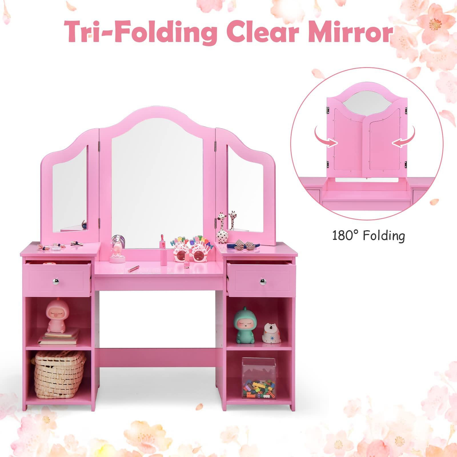 AKUSTIK AKUSTIK Kids Vanity, 2 in 1 Wooden Princess Makeup Table and Chair for Toddlers with Tri-Folding Detachable Mirror, Storage Drawers for Little Girls, Pretend Beauty Dressing Desk Play Set Toy Gift
