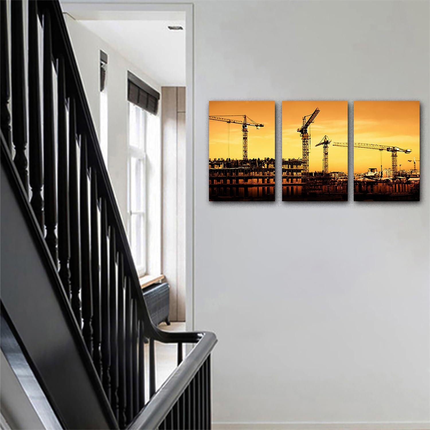 LBWIG ART Office Building Construction site Wall Artwork Vintage Paintings Print on Canvas Home Decor Wall Art 3 Panels Framed 16x24inchx3