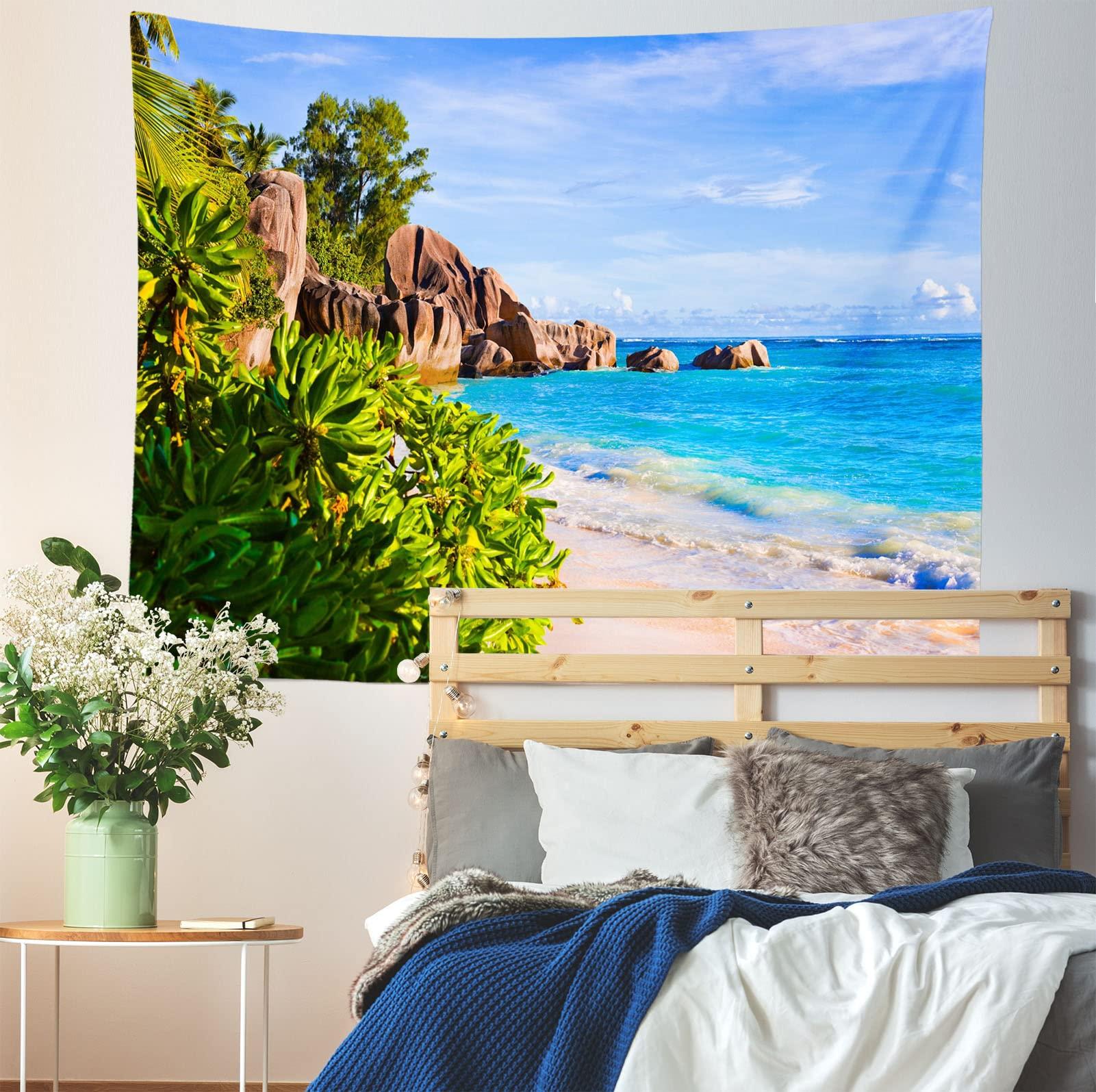 Loccor Loccor 5x4ft Tropical Beach Tapestry Photo Backdrop Stone Mountain Source D\'Argent at Seychelles Scenic Tapestries Nature Landscape for Bedroom Living Room Dorm Home Decoration Wall Art Decor