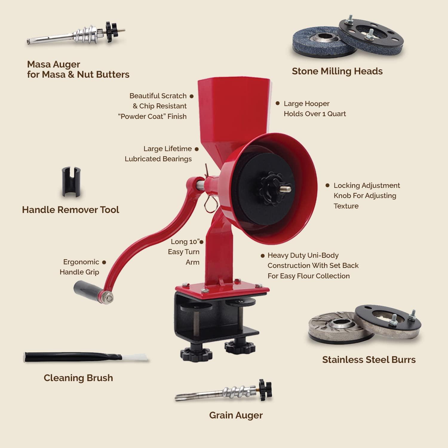 WONDERMILL WONDERMILL Manual Hand Grain Mill Red Wonder Junior Deluxe for Dry and Oily Grains - Kitchen Flour Mill, Grain Mill Hand Crank and Spice, Corn, Wheat Stone Mill Grinder