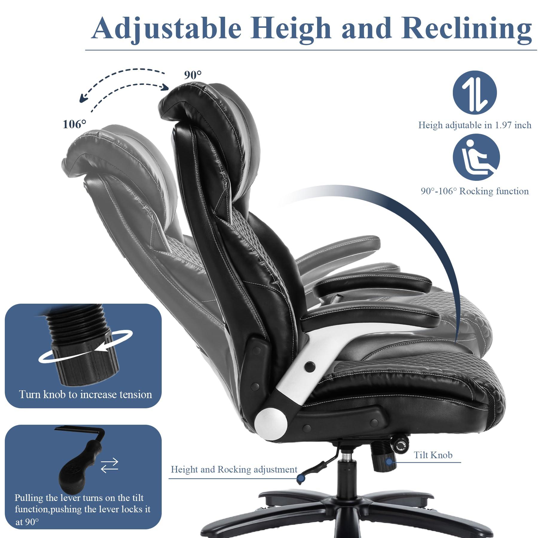 OLYFING OLYFING Executive Office Chair, Heavy Duty 500 lbs, Ergonomic Leather Desk Chair with Adjustable Headrest and Lumbar Support, Big and Tall High Back Swivel Chair with Flip-up Armrests, Black