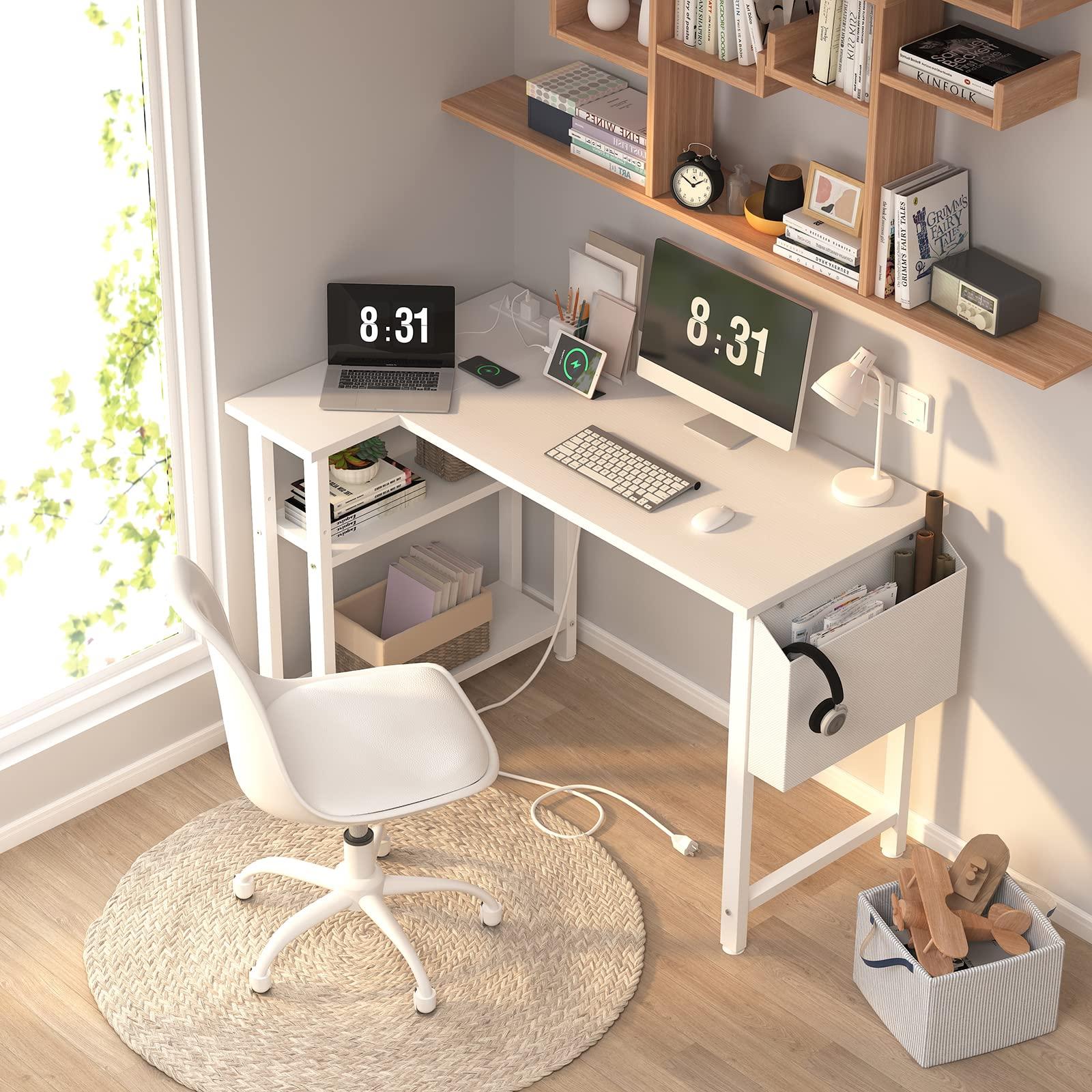 Lufeiya Lufeiya White L Shaped Computer Desk with Power Outlet Shelves, 40 Inch Small Reversible Corner Desk for Small Space Home Office, L-Shaped Desk PC Desks, White