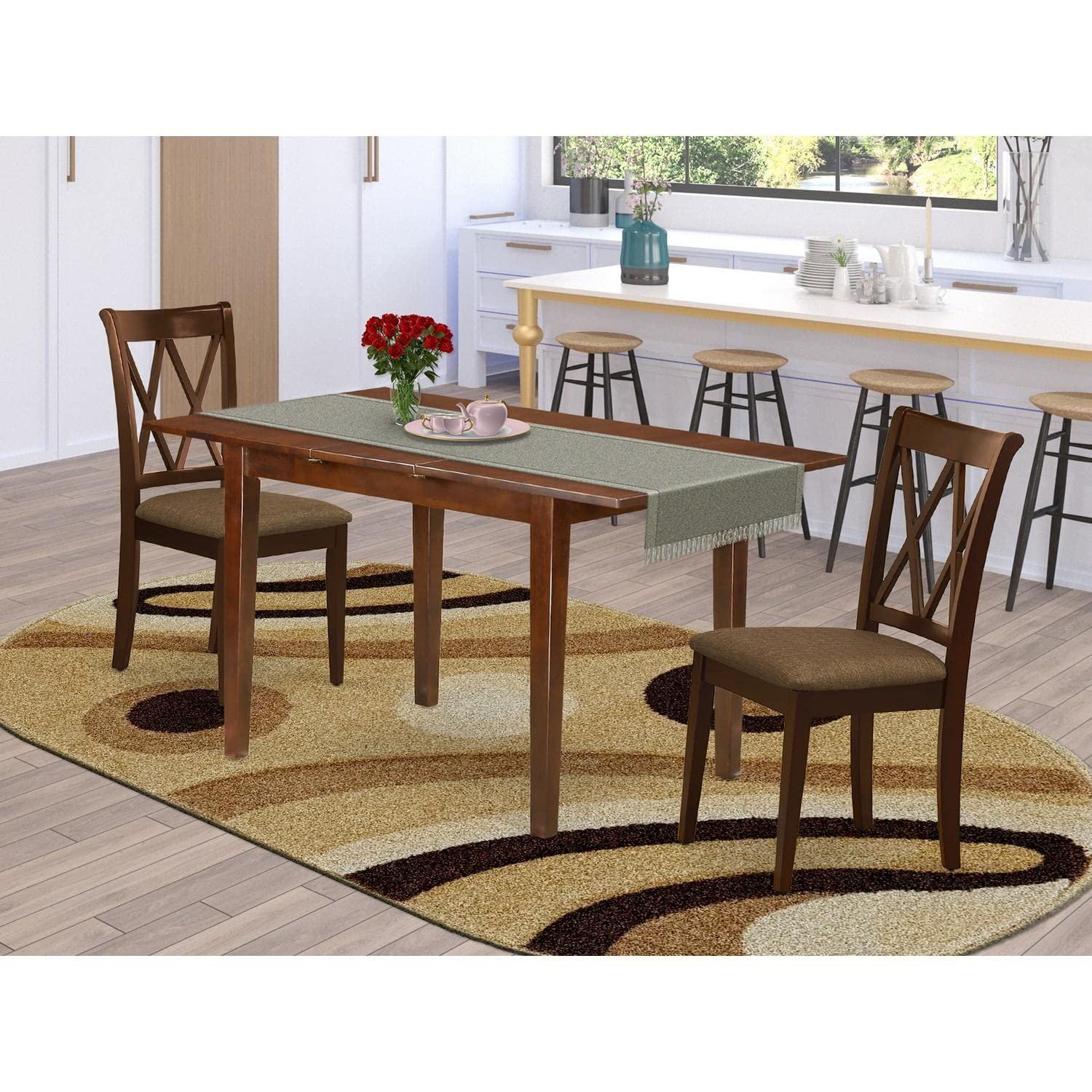 East West Furniture East West Furniture PSCL3-MAH-C 3 Piece Modern Dining Table Set Contains a Rectangle Wooden Table with Butterfly Leaf and 2 Linen Fabric Upholstered Chairs, 32x60 Inch, Mahogany