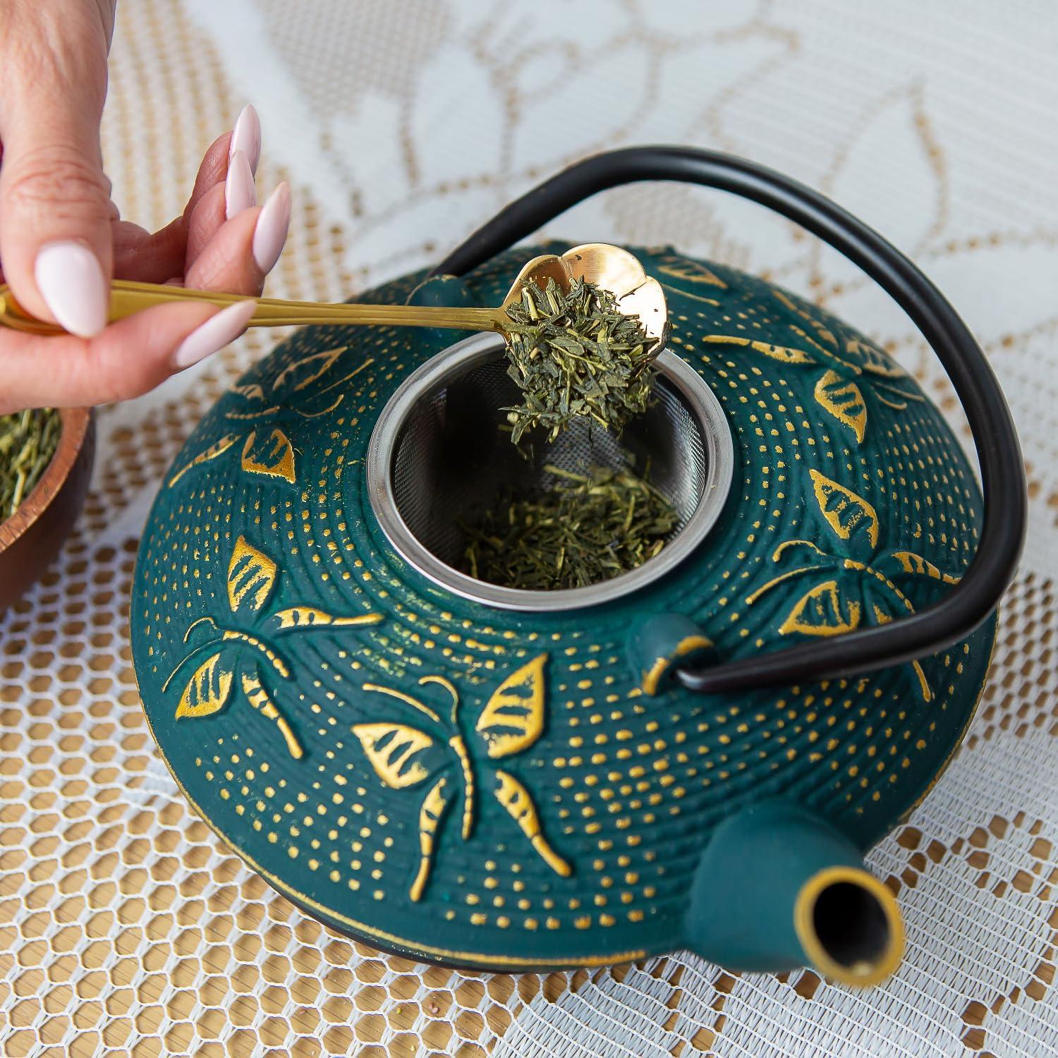 KIYOSHI Luxury KIYOSHI Luxury 7PC Japanese Tea Set. "KIYOSHI Green" Cast Iron Tea Pot with 2 Tea Cups, 2 Saucers, Infuser and Teapot Trivet. Ceremonial Matcha Accessories