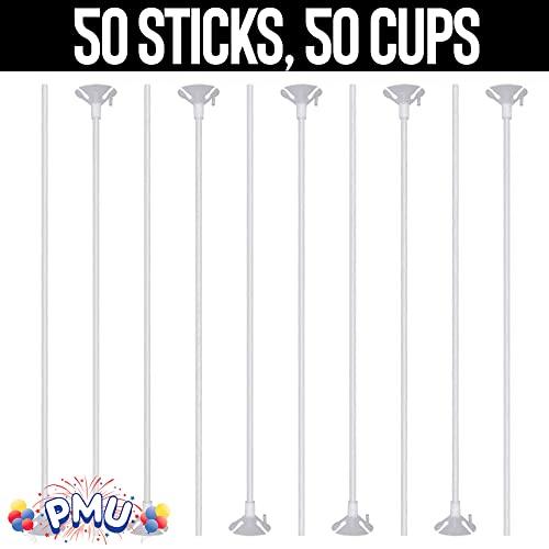 PMU PMU Balloon Maxi Sticks 24 Inch White with Clear Maxi Cups Premium Latex/Mylar Balloon Holder for Air-Filled Balloons 50/50, Pkg/50 Sets