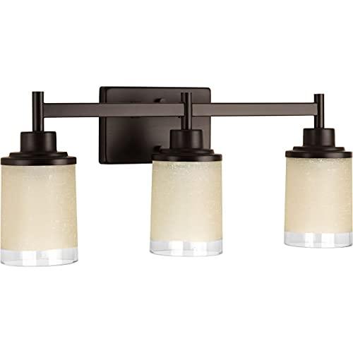 Progress Lighting Progress Lighting Alexa Collection 3-Light Etched Umber Linen with Clear Edge Glass Modern Bath Vanity Light Antique Bronze