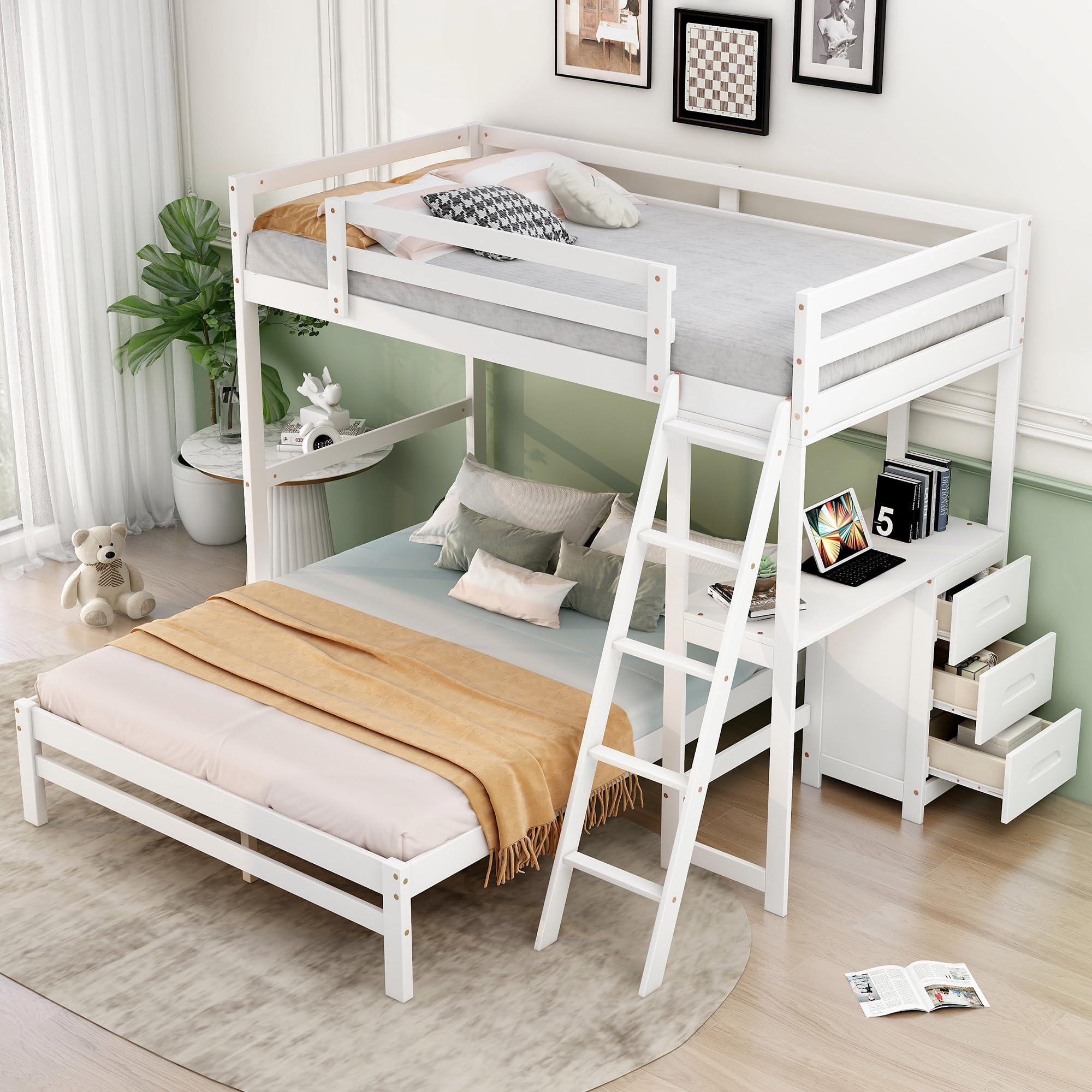 YOPTO YOPTO Twin Over Full Bunk Bed with Built-in Desk and Three Drawers,Pine Wood Convertible Twin Over Full L-Shaped Loft Bunk Bed Frame for Kids Teens Adults,White
