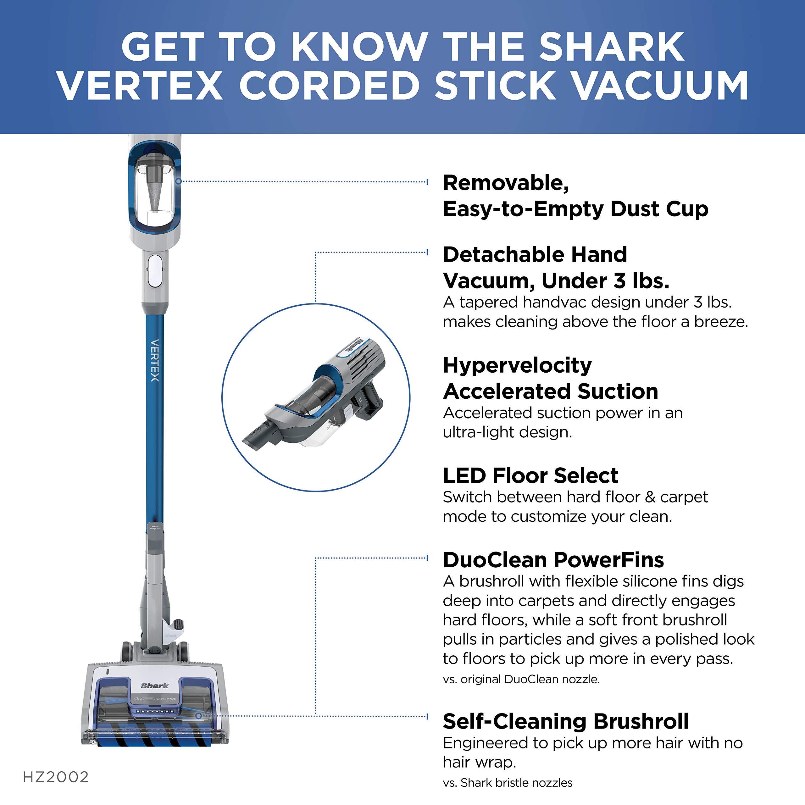 Shark Shark HZ2002 Vertex Ultralight Corded Stick DuoClean PowerFins & Self-Cleaning Brushroll, Perfect for Pets, Removable Hand Vacuum, Upholstery Tool, Dusting & Power Brushes, Cobalt Blue