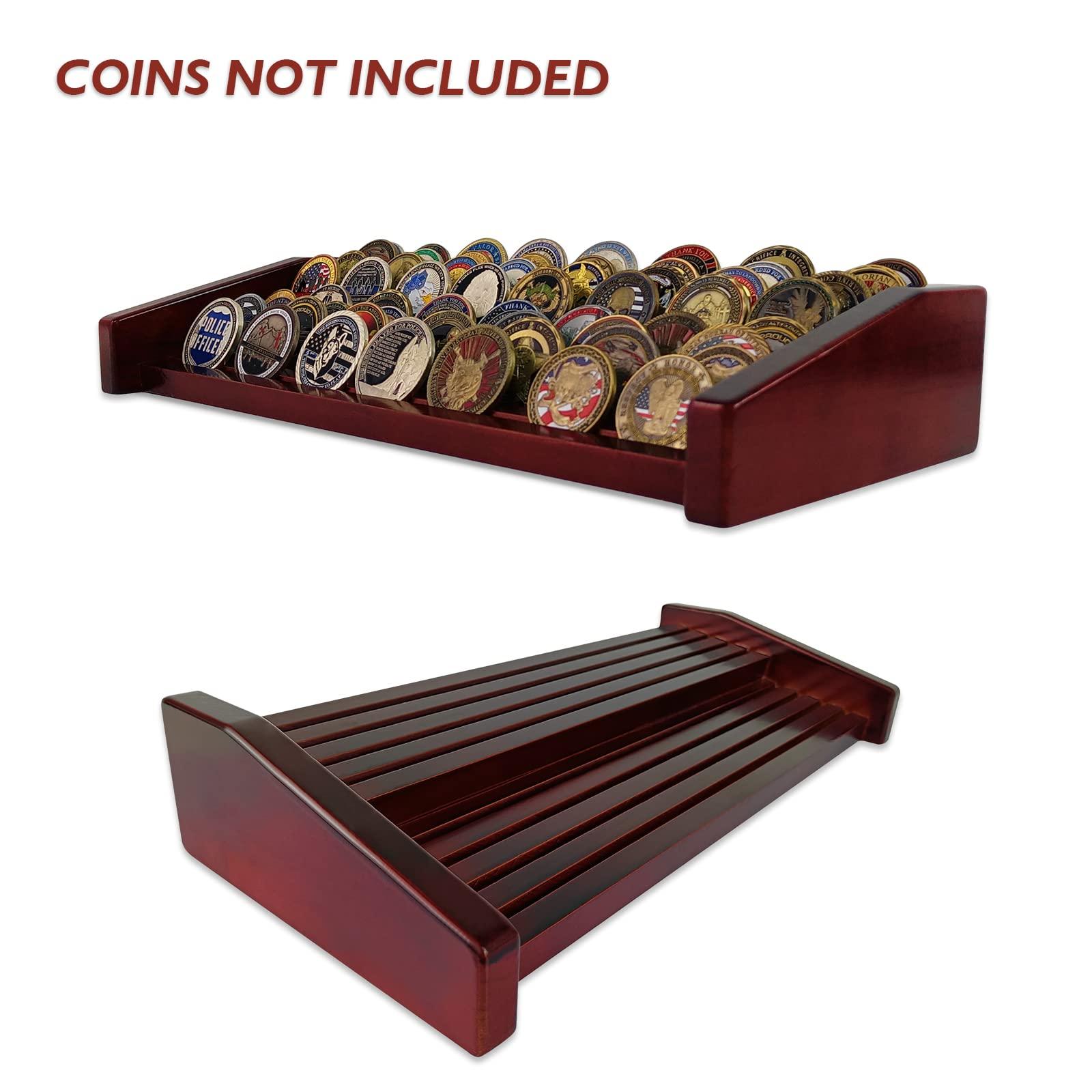 ASmileIndeep ASmileIndeep 8 Rows Military Challenge Coin Display Stand - Holds 60-70 Coins, Solid Wood Army Police Coin Rack Display Holder for Desktop, Mahogany