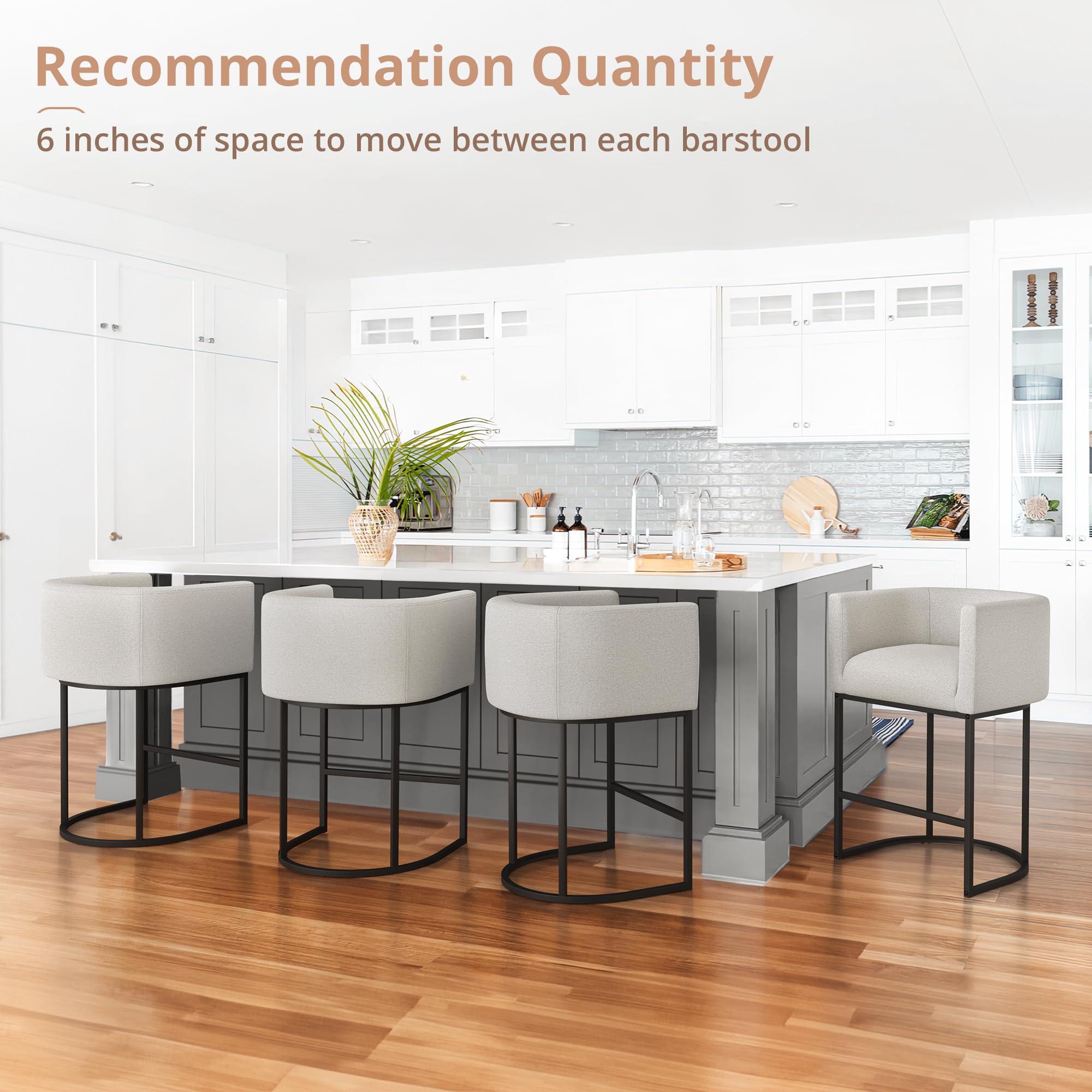 LUE BONA LUE BONA 27\" H Counter Height Bar Stools Set of 3, Modern Barrel Counter Stools with Backrest and Arms, Black Metal Frames, Linen Fabric Upholstered Accent Barstools for Kitchen Island, Light Gray