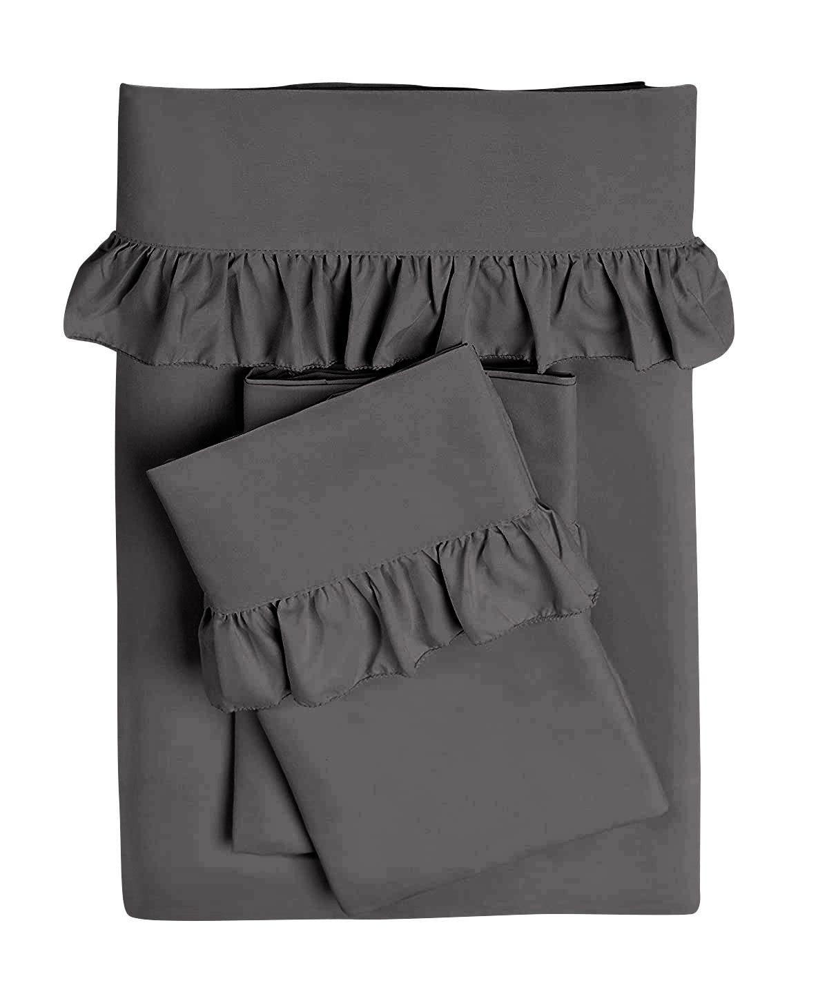 Kings Loft 4 Piece Ruffle Sheet Set, 2 Inch Ruffle On The Top Hem of The Flat Sheet and Pillowcases, 18 Inch Deep Pocket, 100% Egyptian Cotton, 800 Thread Count, King Size, Solid Dark Grey