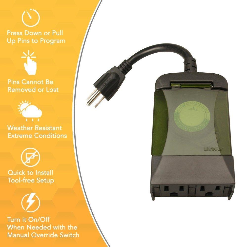 WOODS Woods 50011 Outdoor 24-Hour Plug-in Mechanical Timer with 2 Grounded Outlets Energy Saving Quick Tool Free Weatherproof Housing Programmable Settings, 6-Inch Cord, Black