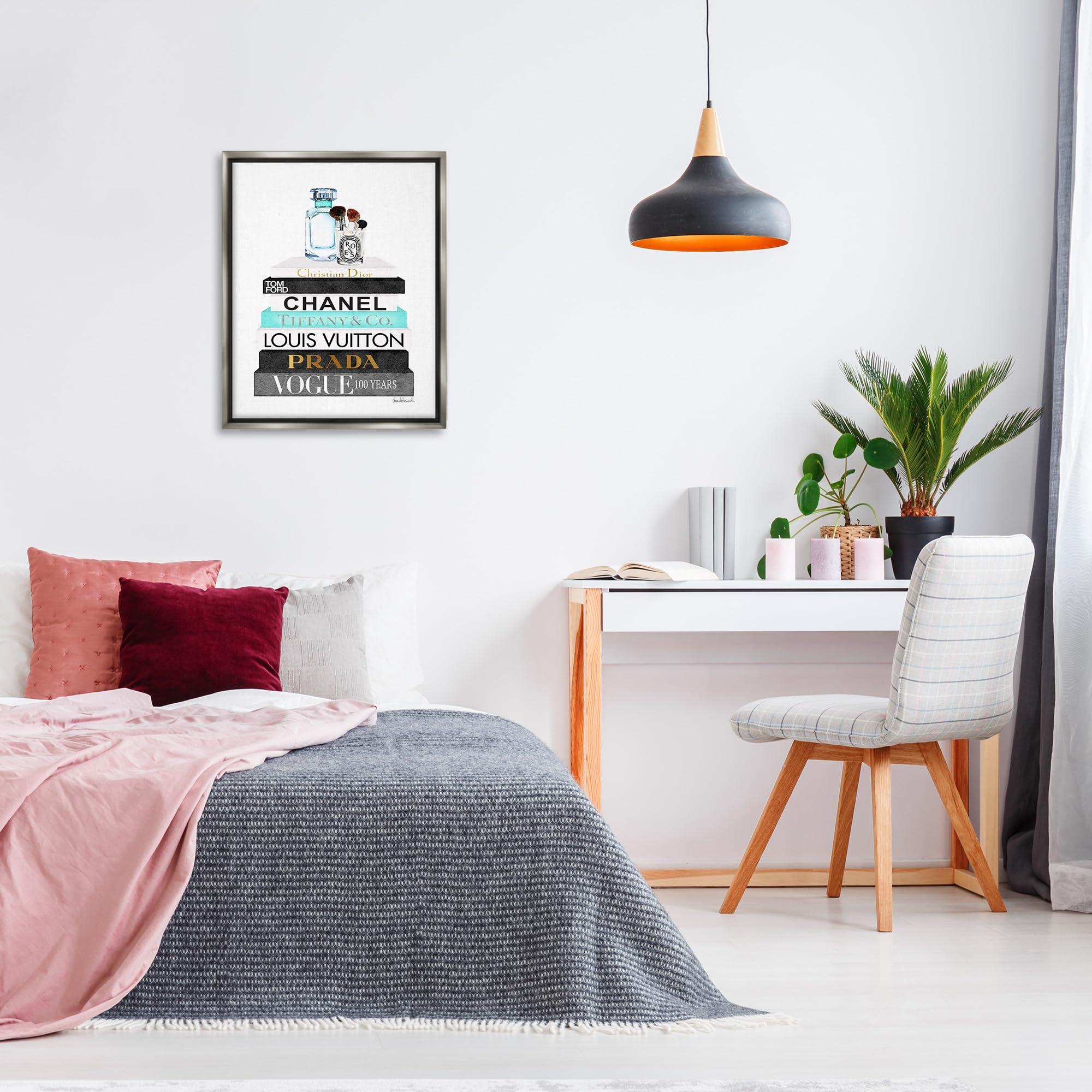 Stupell Industries Stupell Industries Book Stack Perfume Brushes Glam Fashion Watercolor, Design by Amanda Greenwood, Grey Floater Framed, 24 x 30