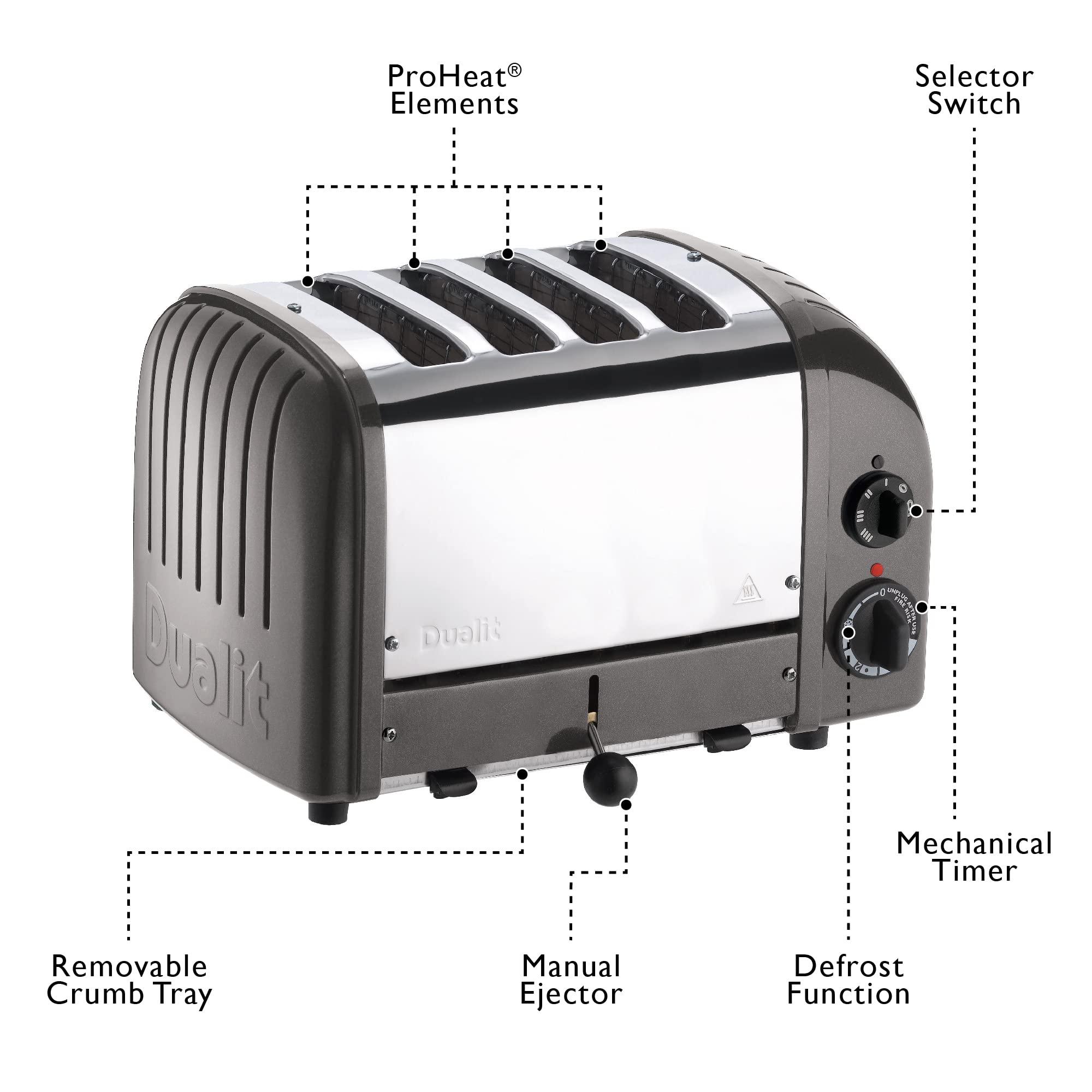 Dualit Dualit Classic 4 Slice NewGen Toaster - Stainless Steel - Hand Built in the UK - Replaceable ProHeat elements - Defrost Bread - Mechanical Timer - Charcoal Classic Toaster