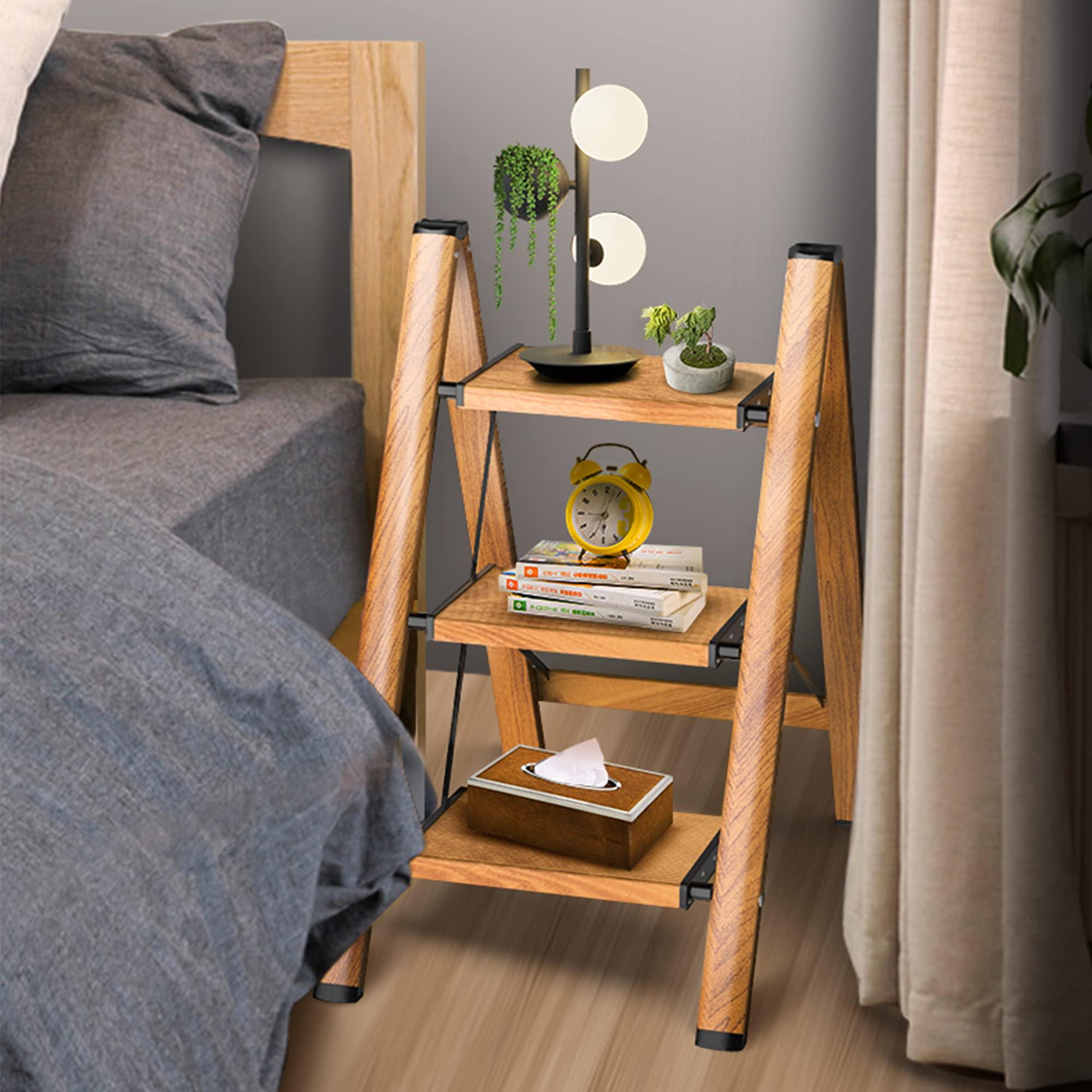 Soladder SOLADDER 3 Step Ladder, Folding Step Stool with Anti-Slip Wide Sturdy Pedal and Handgrip, Multi-Use for Home and Kitchen Use, Space Saving-Woodgrain(300 lbs Capacity)