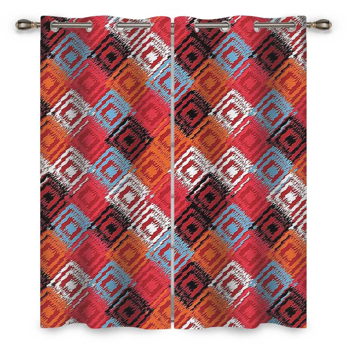 Generic Ikat Decor Kitchen Curtains Set 2 Panels Red Blue Orange Drapes for Backdrop Long Length Width Drop (W) 72 X (H) 85 Inches