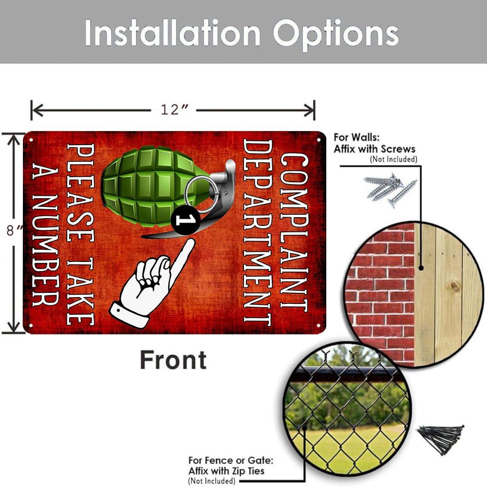 RESKEA Funny Metal Tin Sign Complaint Department Grenade Sign Complaint Department Take A Number Tin Signs Sarcastic Man Cave Bar Wall Decor