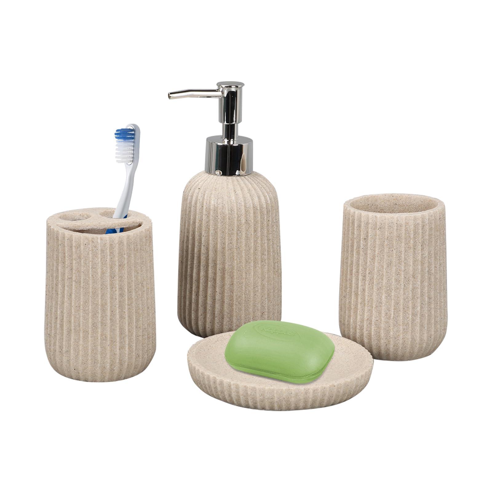 Tefola Tefola Beige Bathroom Accessories Set, 4 Pcs Resin Gift Set Apartment Necessities with Soap Dispenser,Toothbrush Holder,Bathroom Tumbler,Soap Dish for Vanity Countertop Accessories