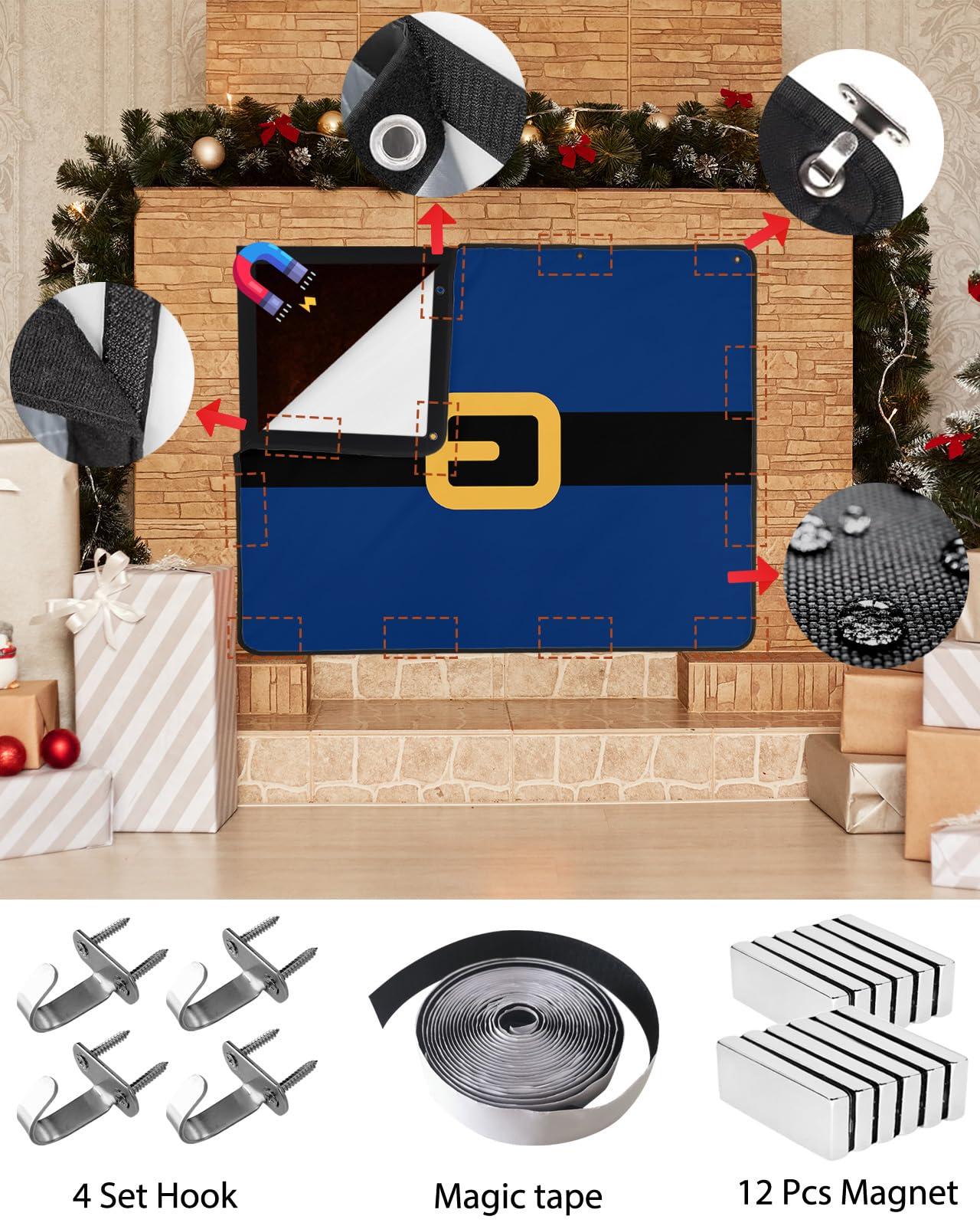 Sabolny Santa Claus Belt Fireplace Cover Magnetic, Indoor Fireplace Blanket Fireplace Draft Stopper Save Energy Fireplace Cover for Summer & Winter Living Room Merry Christmas Navy Blue 36\'\' W x 27\'\' H