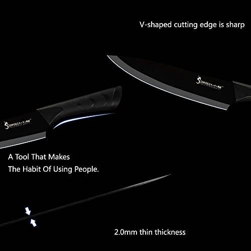 MAYiT Kitchen Knife Sets, 6pcs Black Knives Set Professional Chef Knife Tool DIY Roll Bag Portable Knives Kitchen Tools Slicing Santoku Fruit Knife with cover