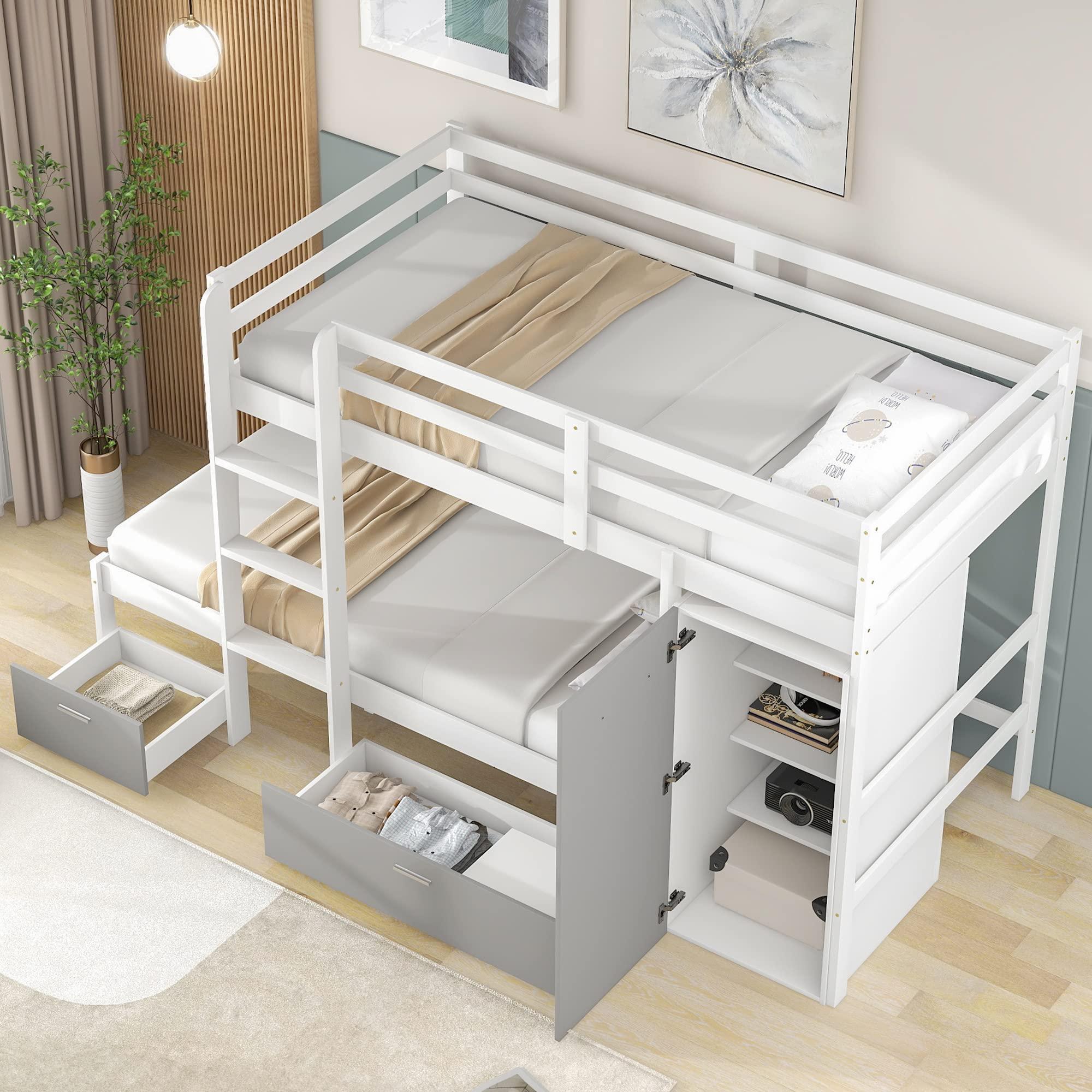 XIONGGG Twin Over Twin Bunk Bed with Built-in Storage Wardrobe and Two Drawers, Convertible Design, Solid Wood Bunk Bed for Kids, Teens