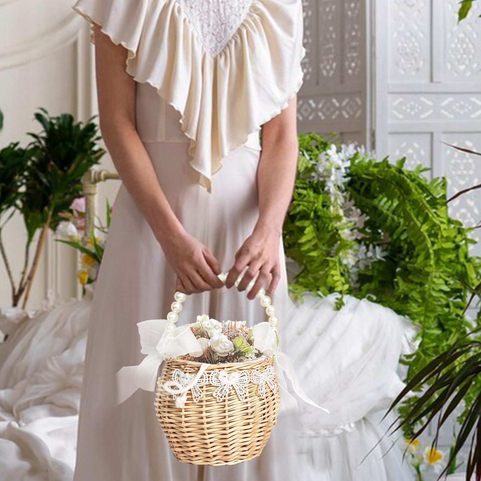 JUOPZKENN JUOPZKENN Rattan Flower Basket,Pearl Flower Girl Basket Rattan Basket Flower Girl Bag Rustic Flower Girl Basket Wicker Basket for Wedding Flower Girl Accessories(18cm / 7.1in-White 2)