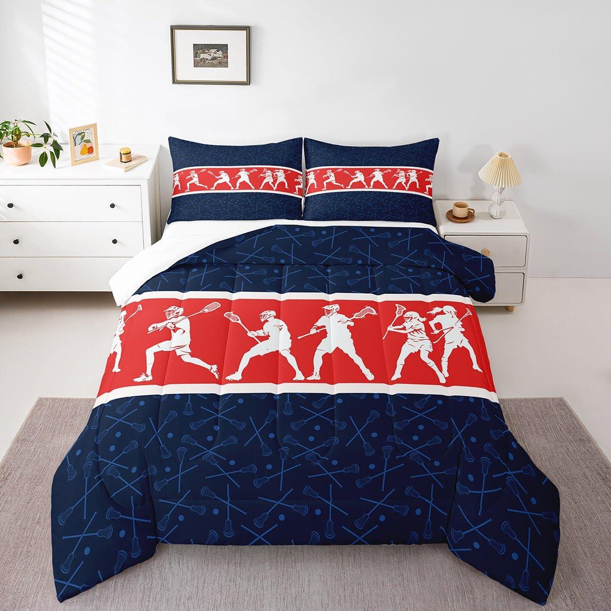 Feelyou Feelyou Lacrosse Comforter Set Twin Size Boys Gilrs Sports Bedding Set for Kids Adults Soft Lacrosse Player Games Comforter Navy Blue Red Duvet Set Room Decor Quilt 2Pcs Boys