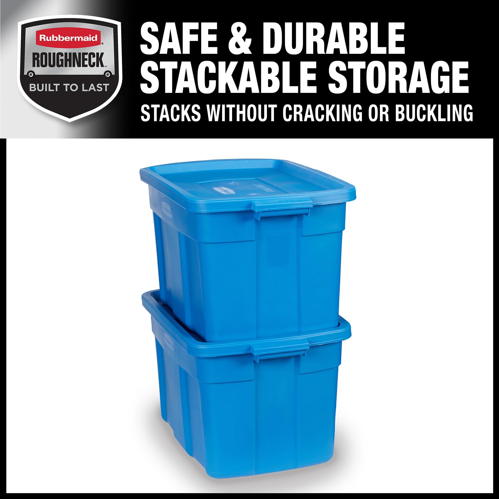 Rubbermaid Rubbermaid Roughneck Tote 25 Gal, 4 Pack, Made in USA, Herirage Blue, Rugged Plastic Stackable Storage Bins with Lids and Handles
