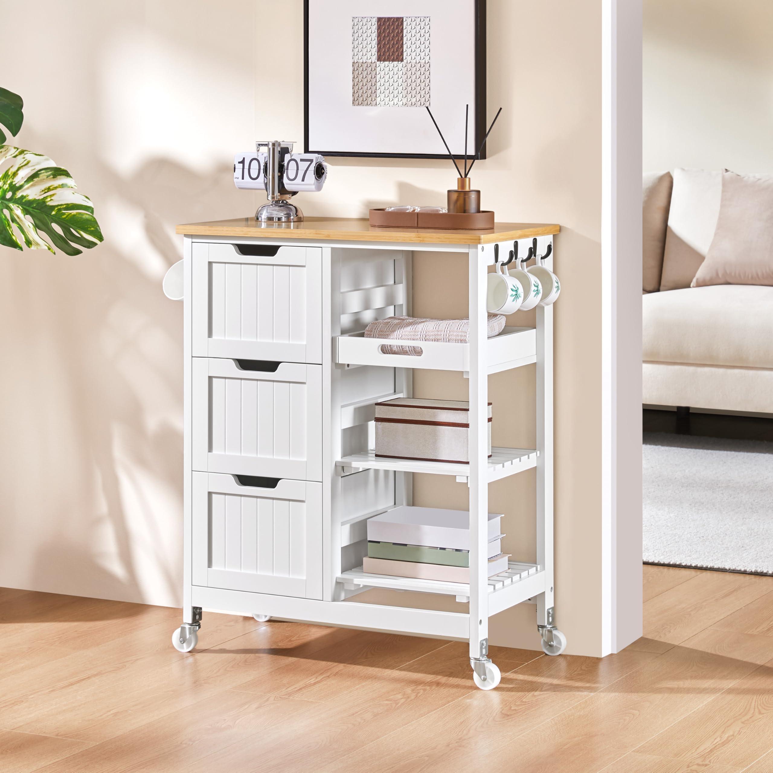 Yaheetech Yaheetech Kitchen Island Cart on Wheels with Bamboo Countertop, Rolling Serving Utility Trolley Cart with 3 Drawers, 3 Removable Shelves & Lockable Casters, Storage Cabinet for Dining Room, Bar, White