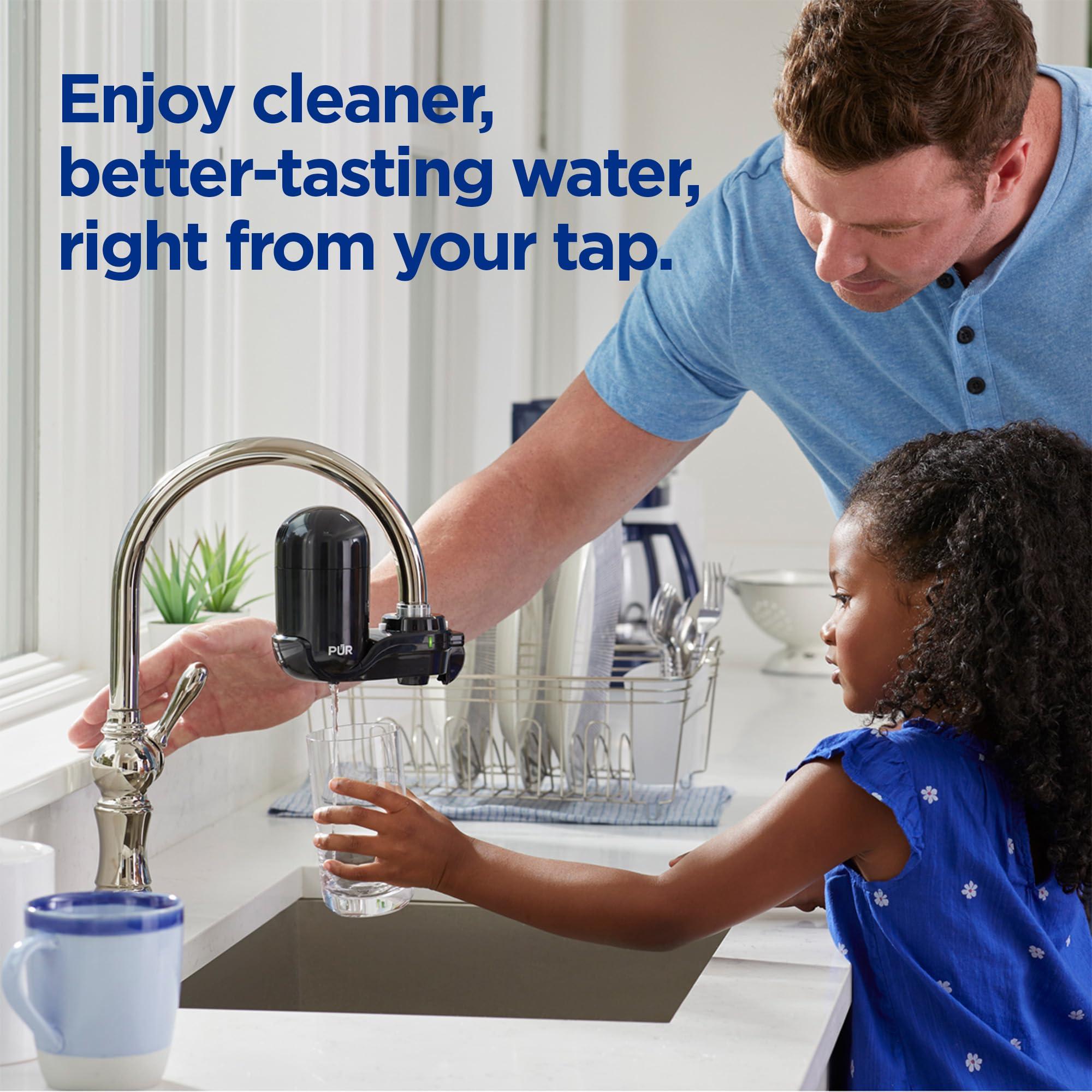 PUR PUR Vertical Faucet Mount Water Filtration System with Lead Reducing Filter for Cleaner, Filtered Tap Water, Lasts 100 Gallons, Sink Water Filter, Fits Most Kitchen or Bathroom Faucets, Black