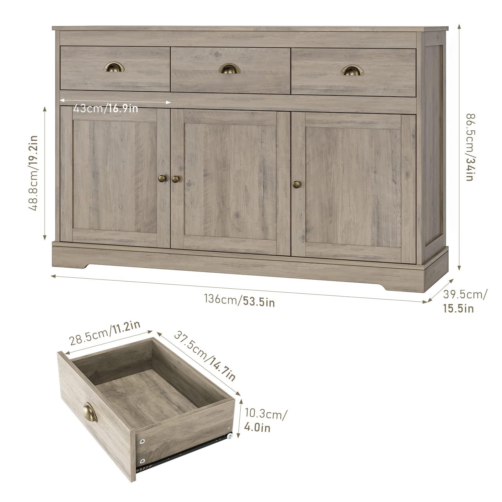 Keyluv Keyluv Buffet Storage Cabinet, Sideboard Farmhouse Server Bar Wine Cabinet with 3 Drawers & 3 Doors Adjustable Shelves Console Table for Kitchen, Dining Living Room Cupboard, Grey Wash