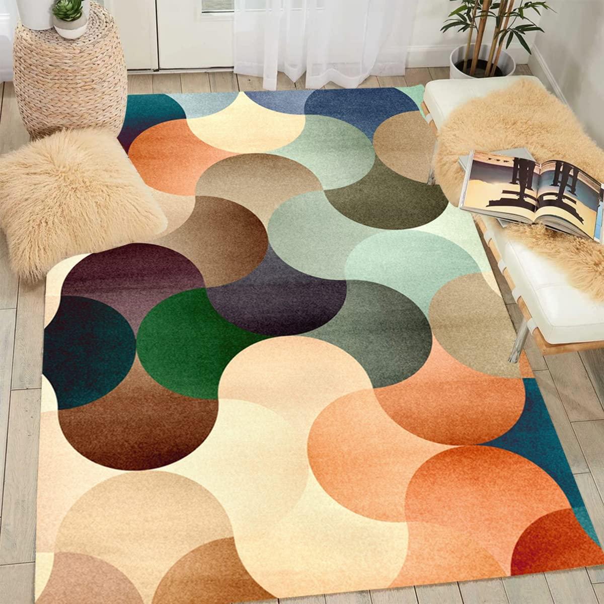 MeganJDesigns Orange Blue Grey Modern Abstract Art Deco Area Rug for Living Room Bedroom Washable Soft Thick Carpet Under Dining Table No-Slip Indoor Floorcover Runner Rug Pad 5x8