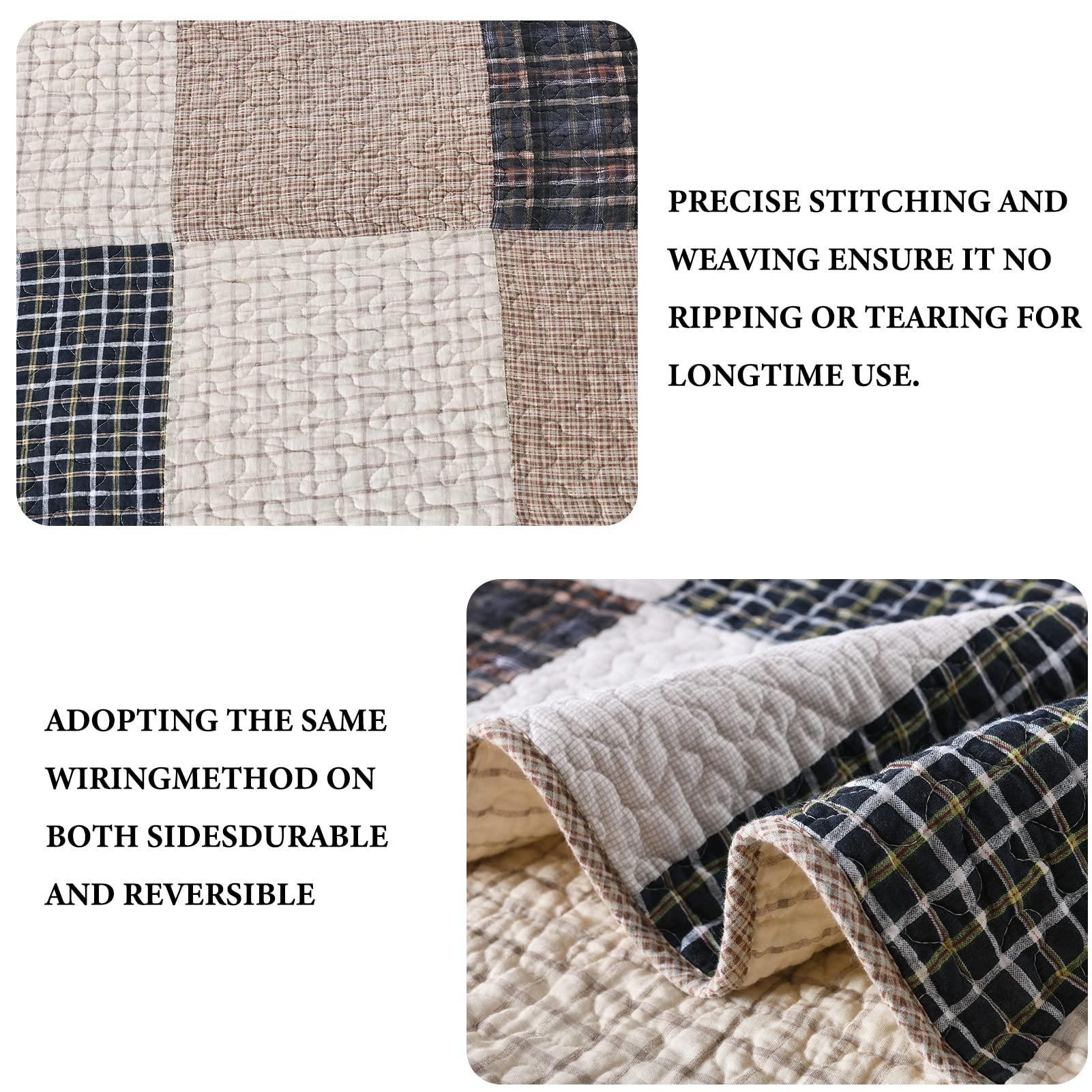 Y-PLWOMEN Y-PLWOMEN Quilts Queen Size, 100% Cotton Queen Quilt Set, Brown Khaki Black White Patchwork Plaid Queen Size Bedspread, Lightweight Reversible Soft Summer Quilt Bedding Set, 3-Pieces