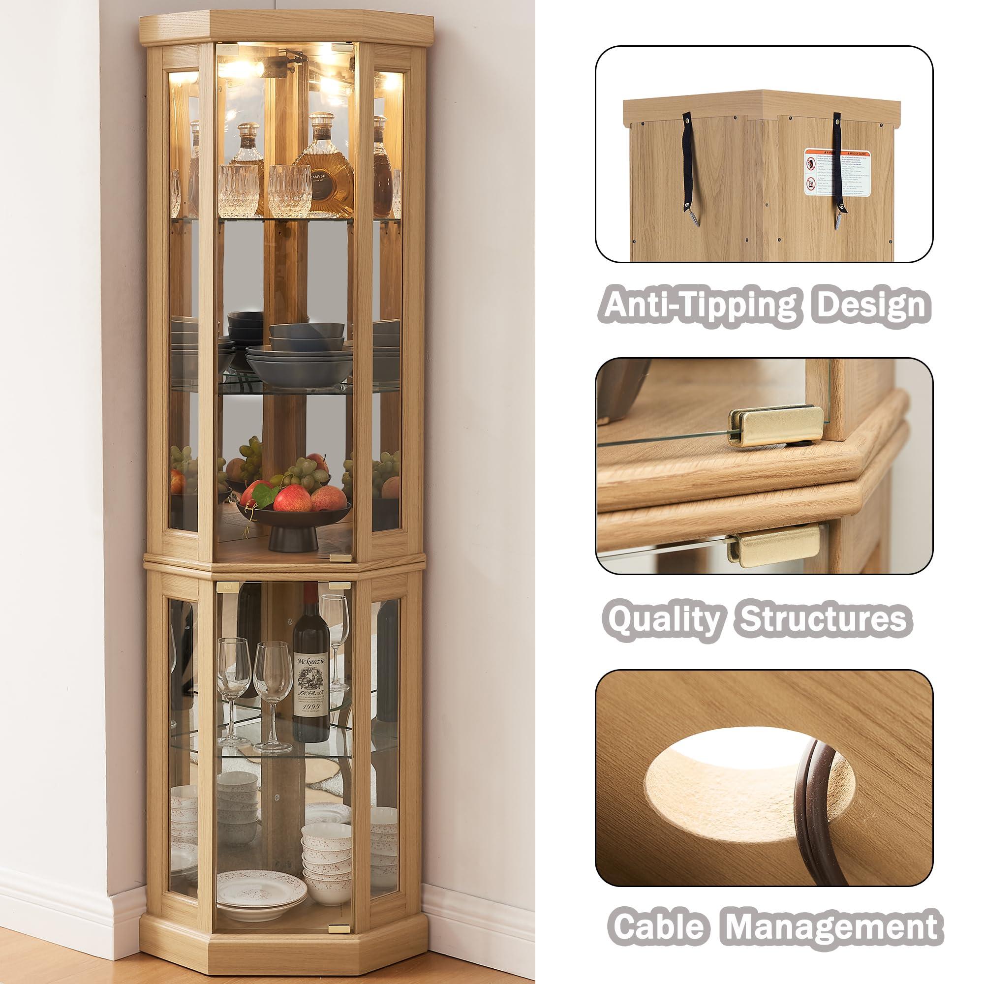 XZTUAJ XZTUAJ Corner Curio Cabinet Display Case with Light, 69\" H Glass Display Cabinet, Display Showcase Case Storage with Tempered Glass Door & Adjustable Glass Shelves for Living Room (Light Oak)