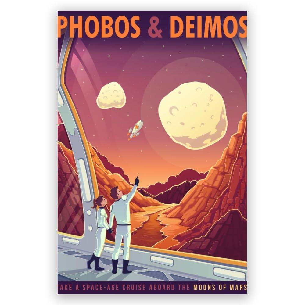 LuminDaze LuminDaze Phobos and Deimos Poster Retro Space Wall Art Outer Space Travel Picture Decoration Exoplanet Galaxy Mars Planet Exploration Art Canvas Print Retro Futuristic 20x30inch Unframed, style-14